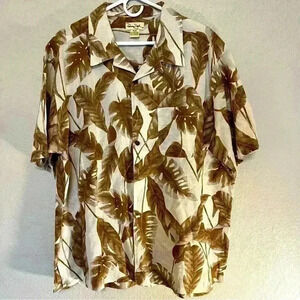 Panama Jack Aloha Hawaiian shirt XL Monstera Leaves Tropical Print Latte color